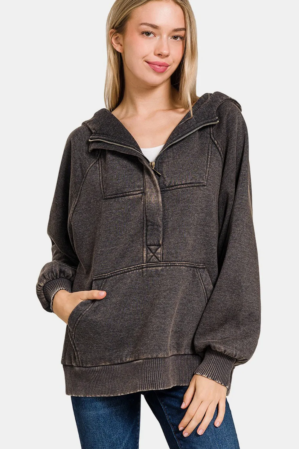 Acid Wash Fleece Oversized 1/4 Zip Kangaroo Hoodie