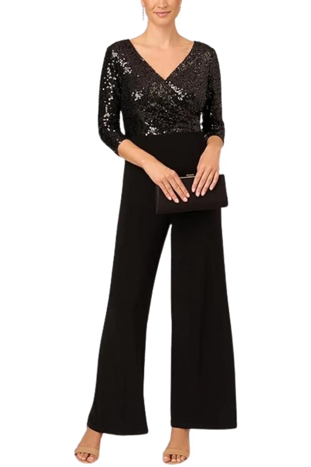 Adrianna Papell Sequin Faux Wrap V-Neck Jumpsuit