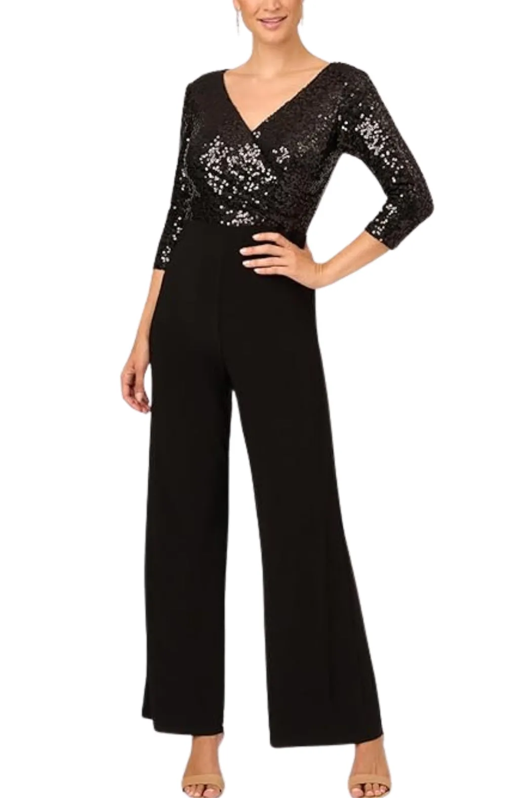 Adrianna Papell Sequin Faux Wrap V-Neck Jumpsuit