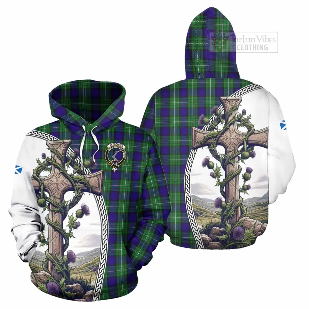 Alexander Tartan Hoodie with Family Crest and St. Andrew's Cross Accented by Thistle Vines