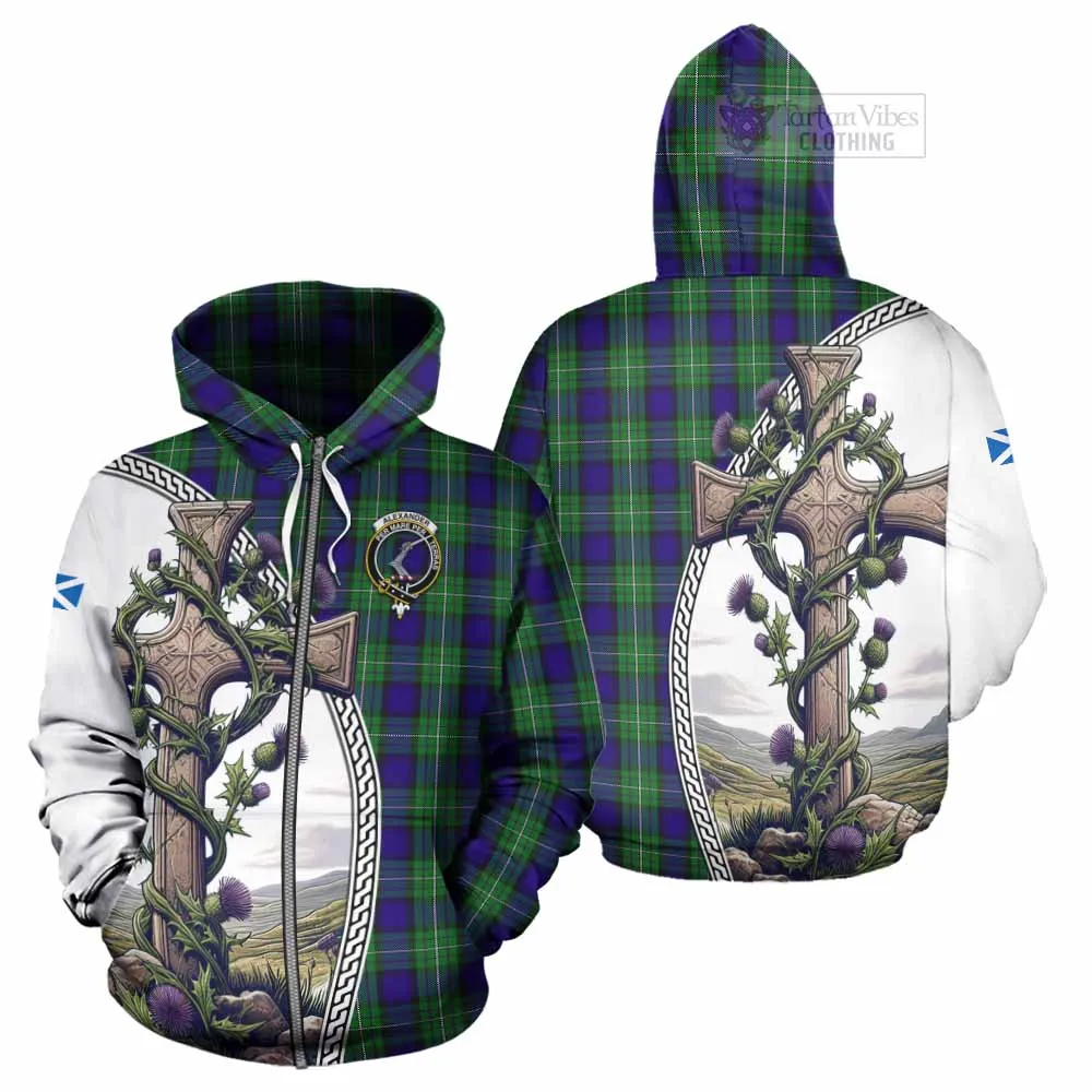 Alexander Tartan Hoodie with Family Crest and St. Andrew's Cross Accented by Thistle Vines