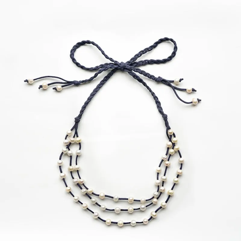 “Aphrodite” Baroque Pearl & Faux Leather Ribbon Necklace