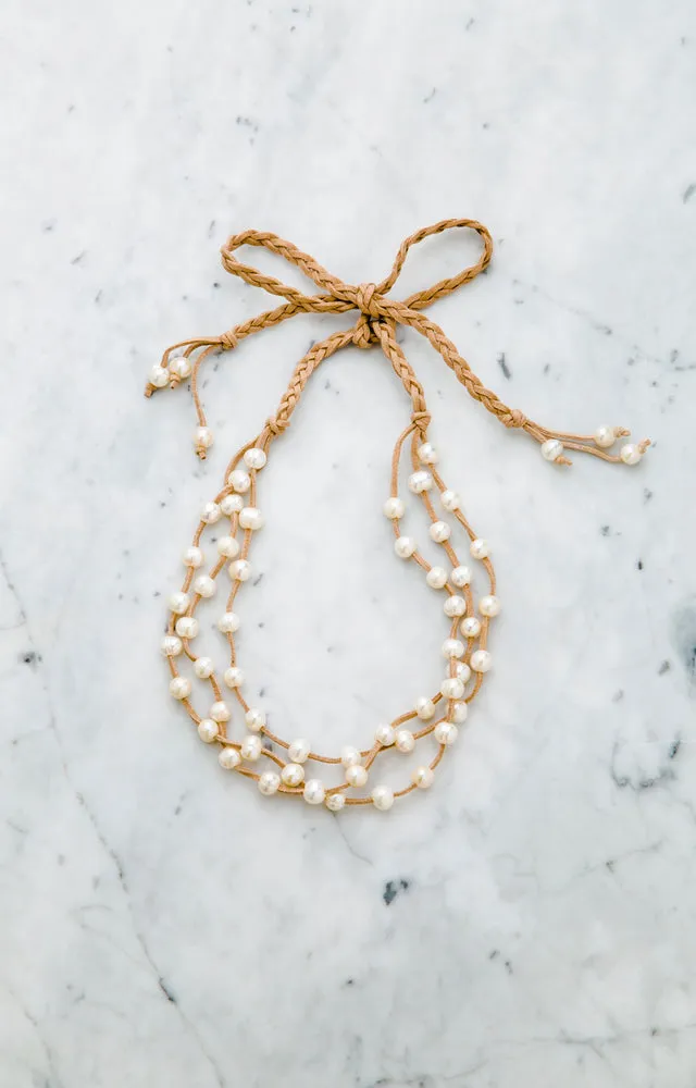 “Aphrodite” Baroque Pearl & Faux Leather Ribbon Necklace