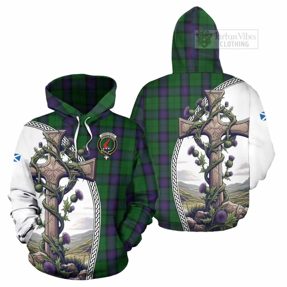 Armstrong Tartan Hoodie with Family Crest and St. Andrew's Cross Accented by Thistle Vines