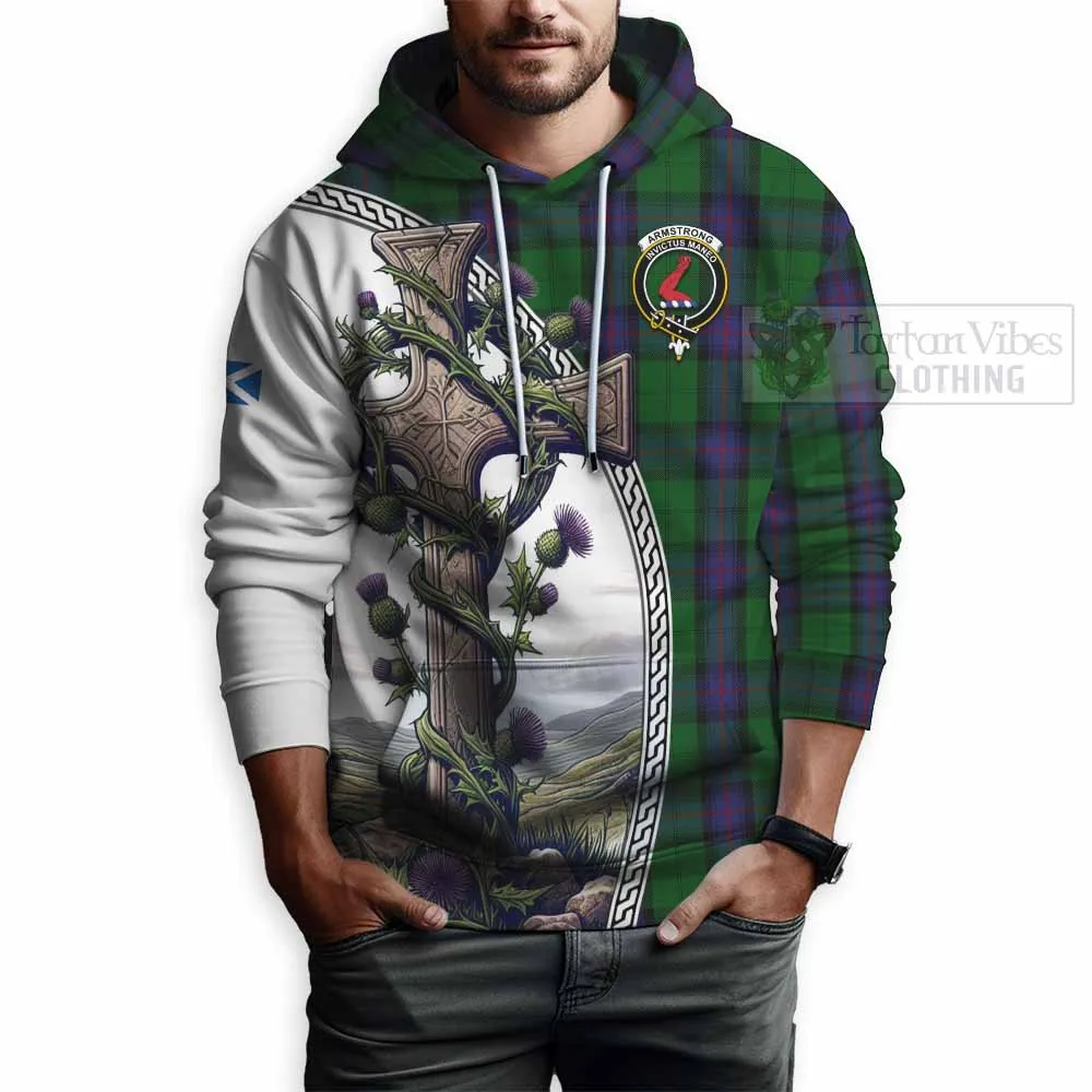 Armstrong Tartan Hoodie with Family Crest and St. Andrew's Cross Accented by Thistle Vines