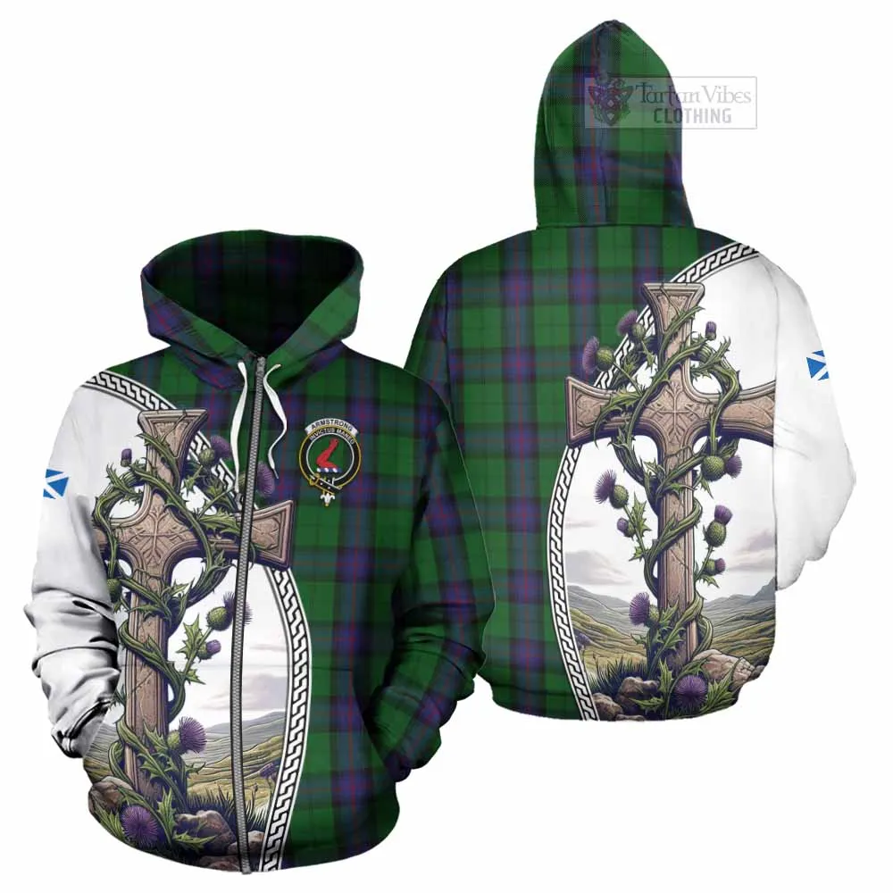 Armstrong Tartan Hoodie with Family Crest and St. Andrew's Cross Accented by Thistle Vines