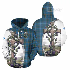 Bain Tartan Hoodie with Family Crest and St. Andrew's Cross Accented by Thistle Vines