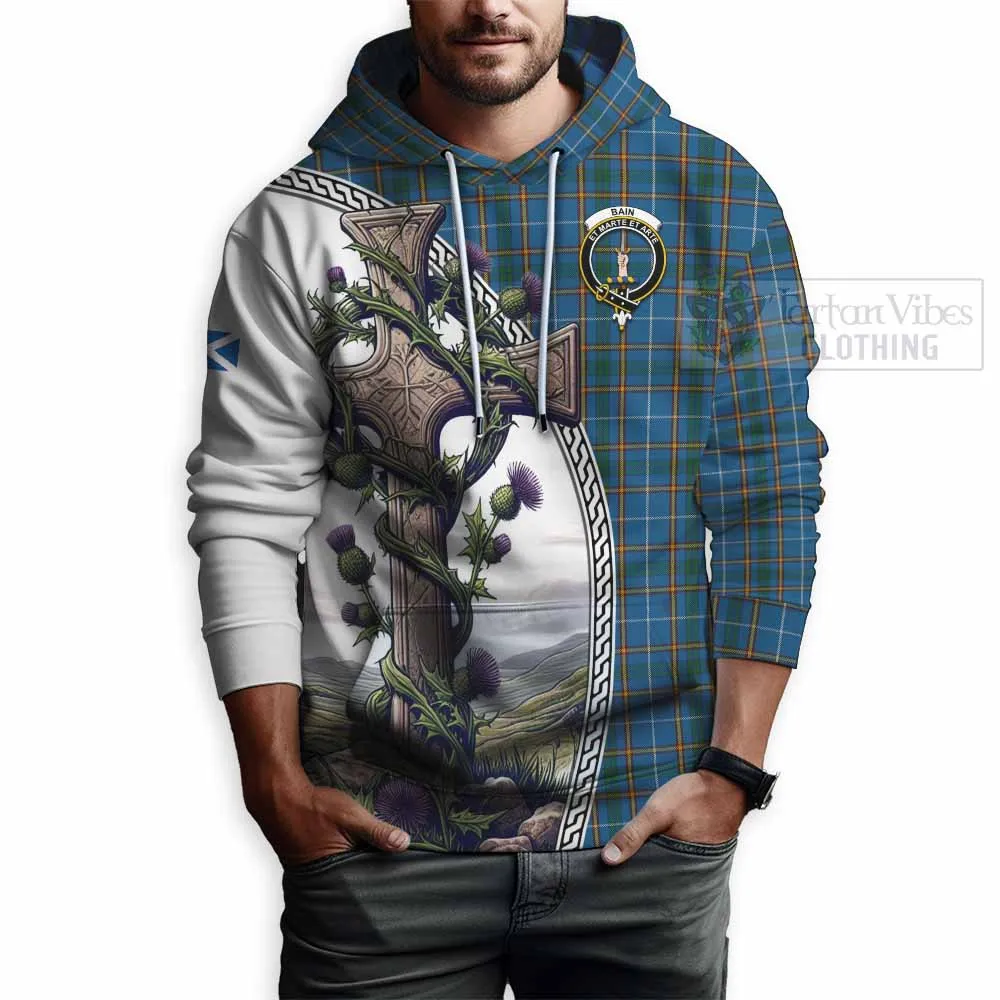 Bain Tartan Hoodie with Family Crest and St. Andrew's Cross Accented by Thistle Vines