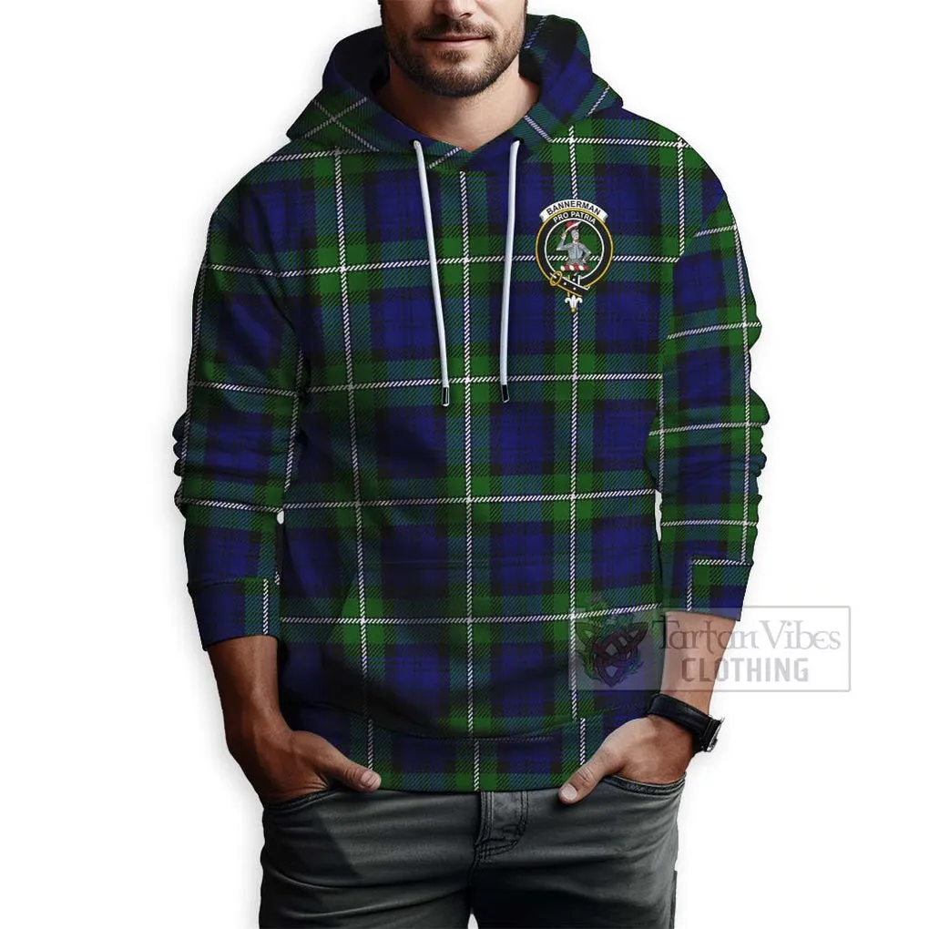 Bannerman Tartan Hoodie with Family Crest and Bearded Skull Holding Bottles of Whiskey