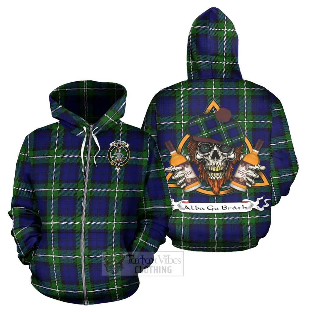 Bannerman Tartan Hoodie with Family Crest and Bearded Skull Holding Bottles of Whiskey