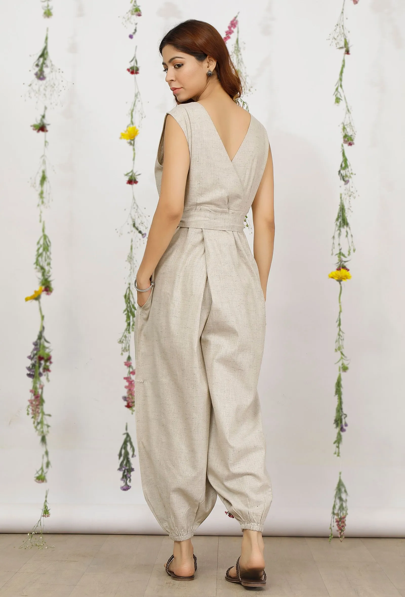 Beige Khadi Cotton Wrap Around Jumpsuit with Belt