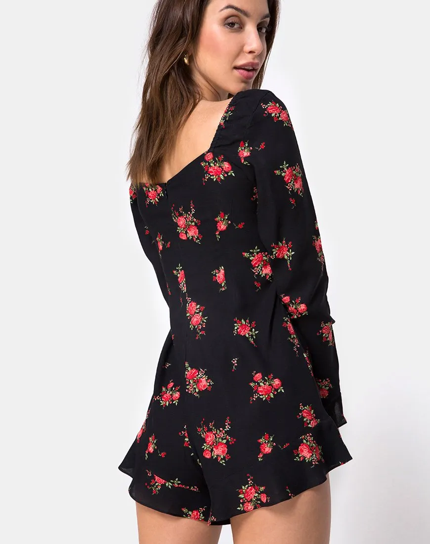 Berlo Longsleeve Playsuit in Soi Rose Black and Red