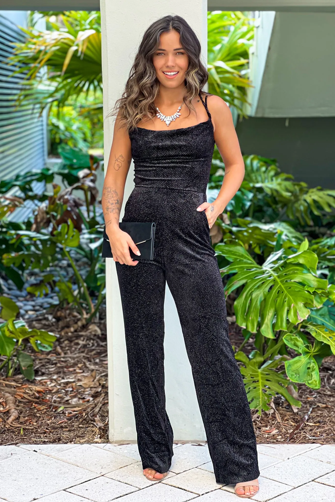 Black Glitter Velvet Jumpsuit