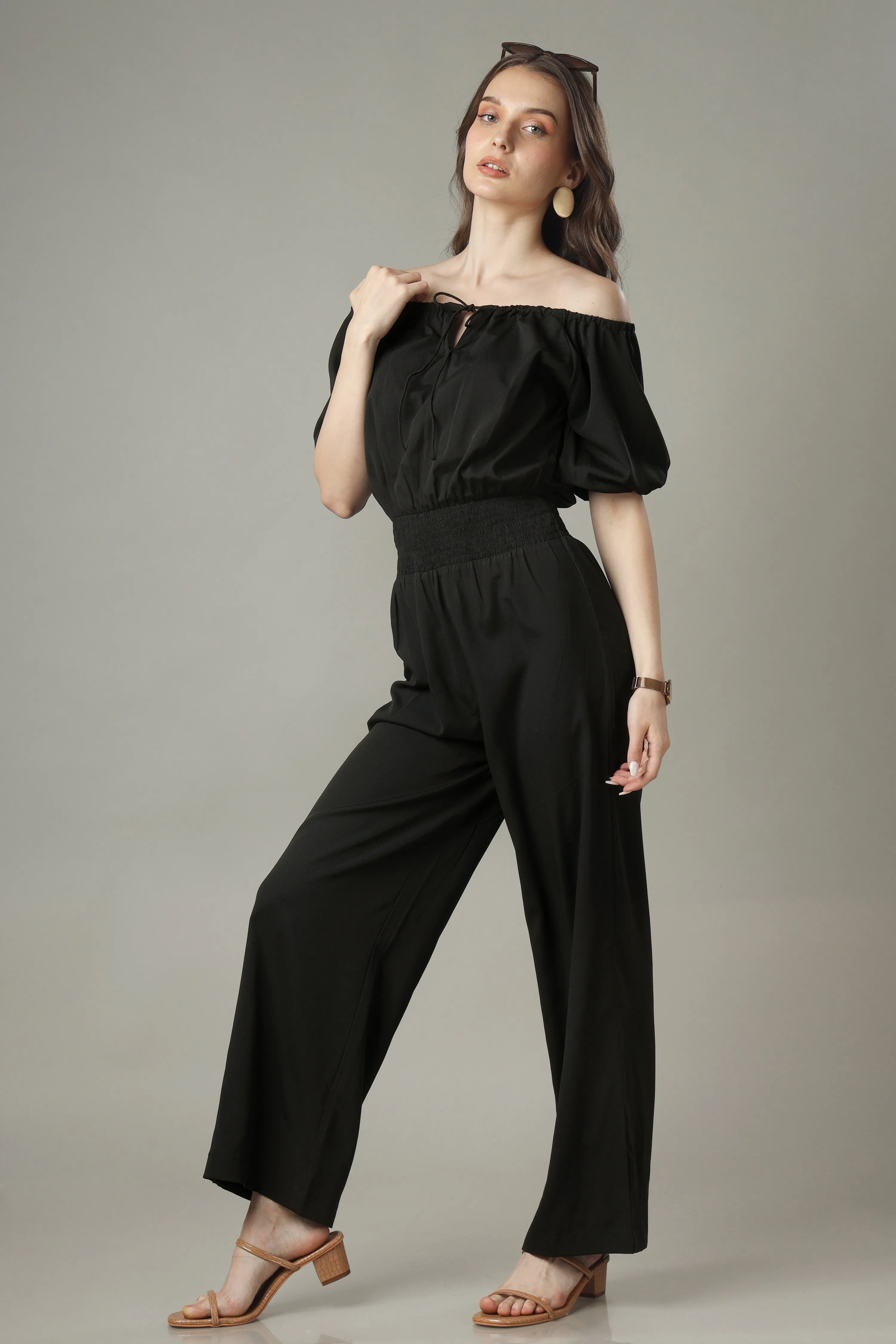 Black Jumpsuit With Smocking Detailing Off Shoulder