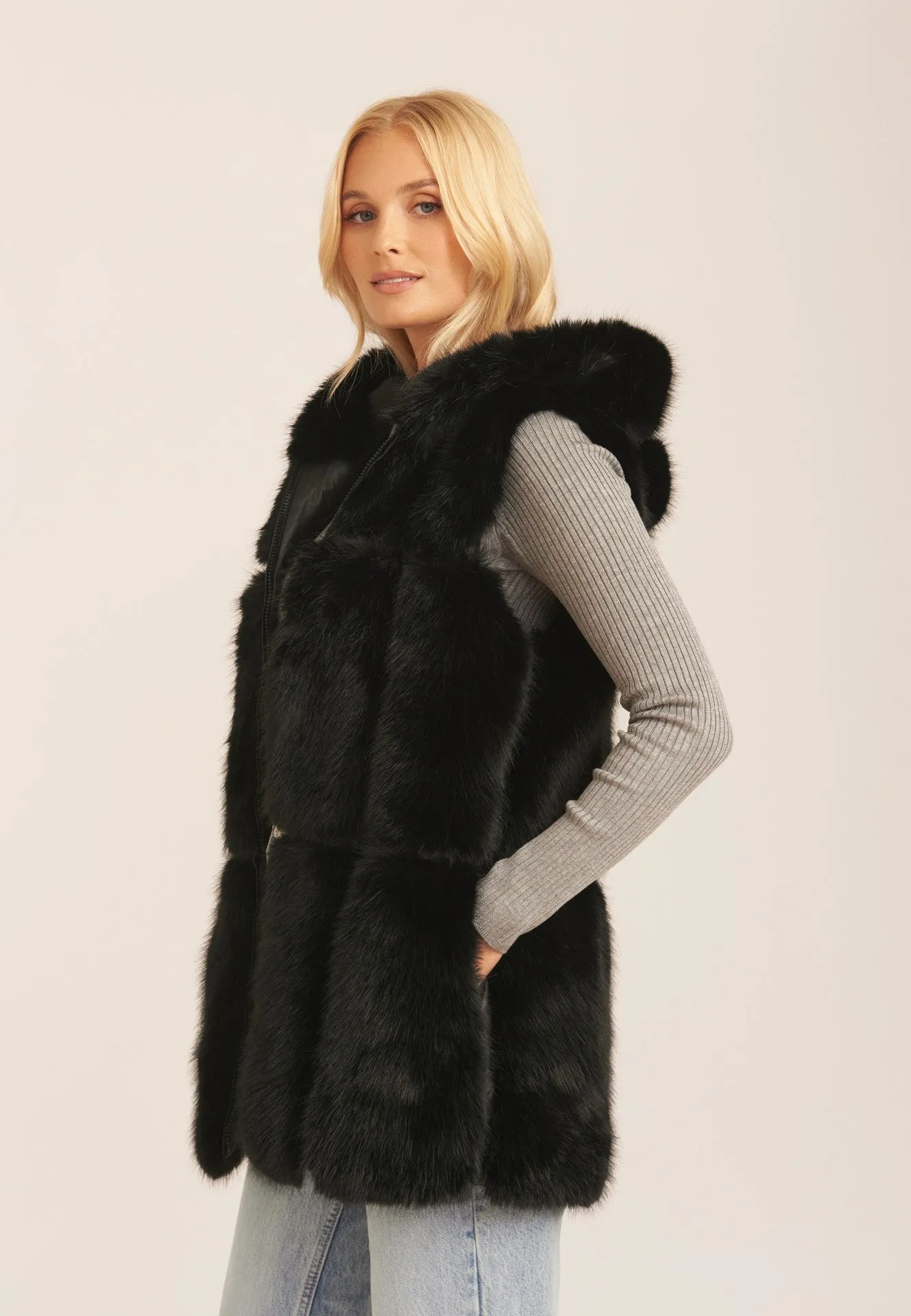 Black Soft Touch Fur Longline Gilet