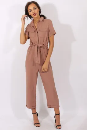 Brown Utility Tie Waist Pocket Jumpsuit - Kai