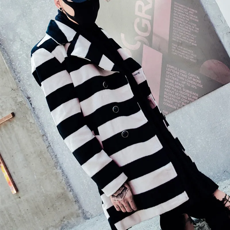 Casual Youth Style Turn Down Collar Striped Design Men Coat