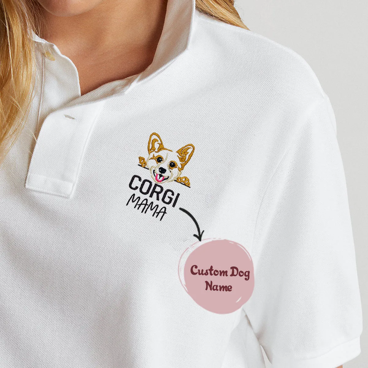 Custom Corgi Dog Mama Embroidered Polo Shirt, Personalized Polo Shirt with Dog Name, Best Gifts For Corgi Lovers