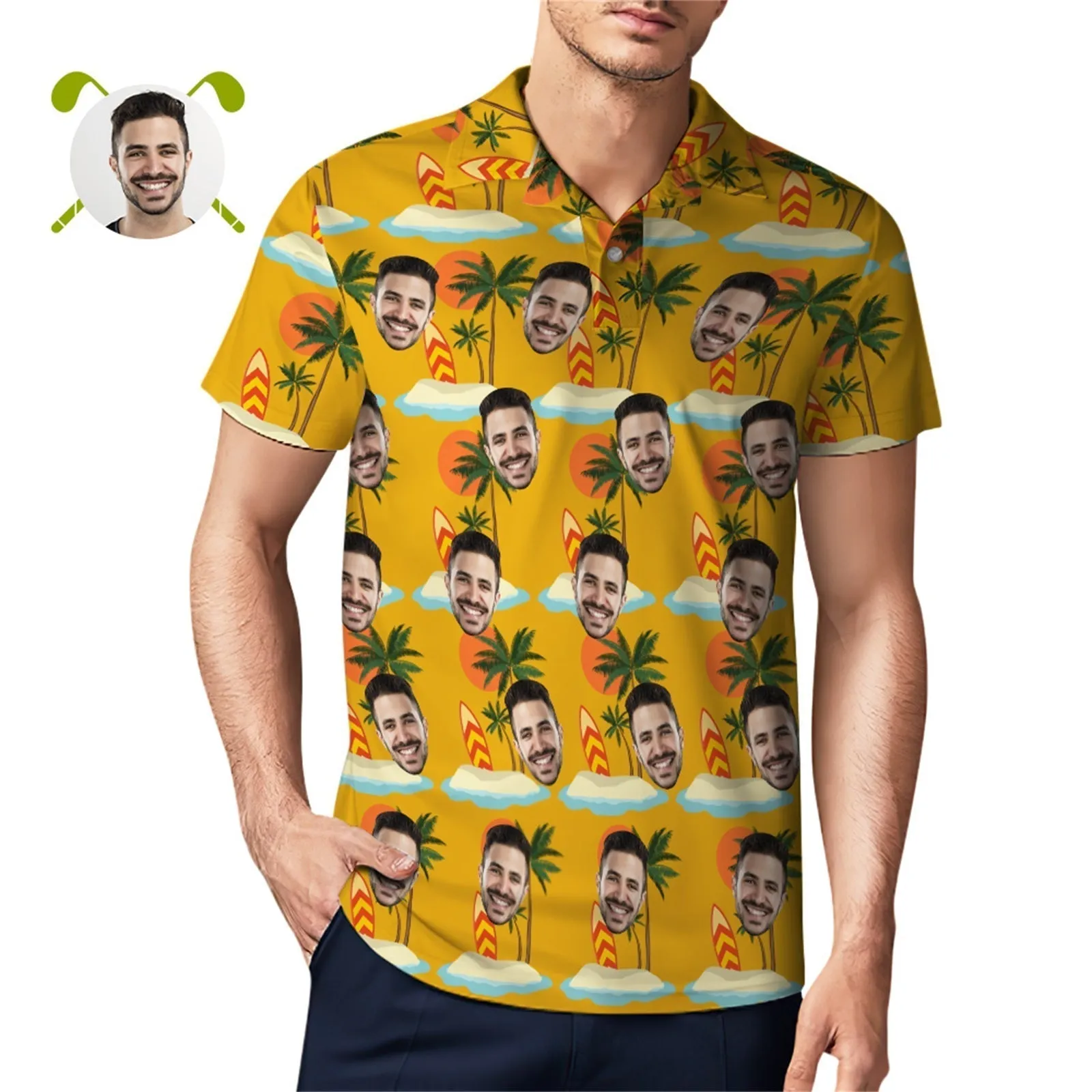 Custom Face Polo Shirt For Men Coconut Tree Beach Shirt Hawaiian Golf Shirts