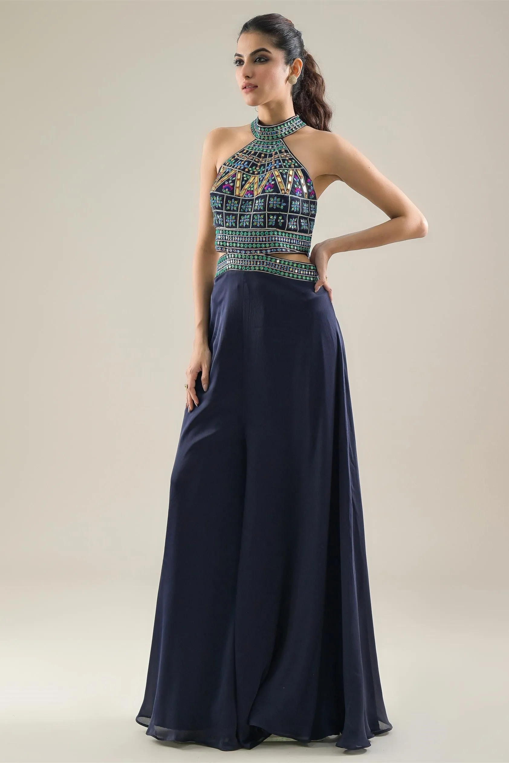 Deep Blue Embroidered Chinon Satin Silk Jumpsuit