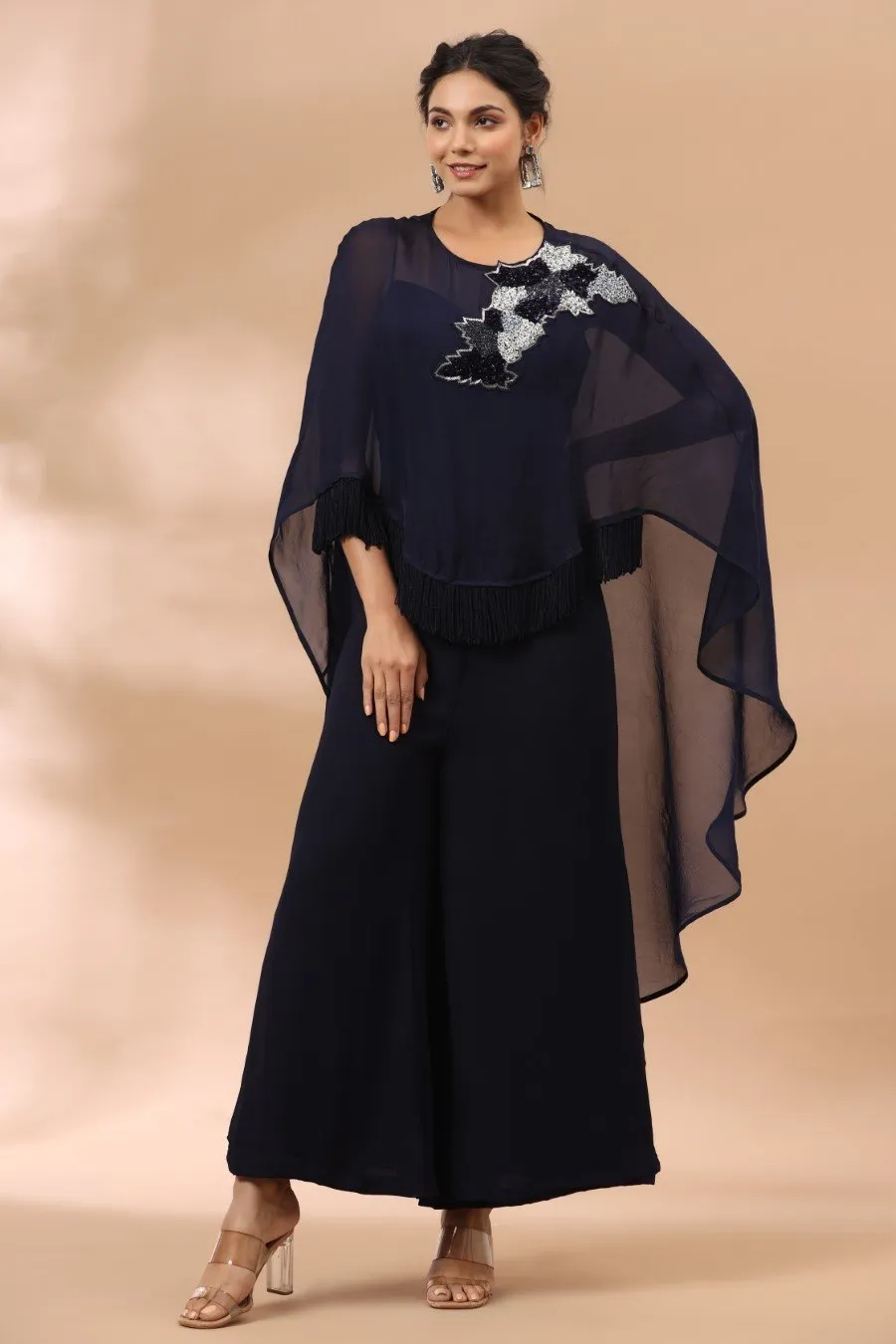 Deep Blue Jumpsuit with Embellished Cape