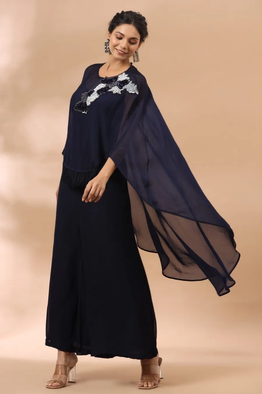 Deep Blue Jumpsuit with Embellished Cape