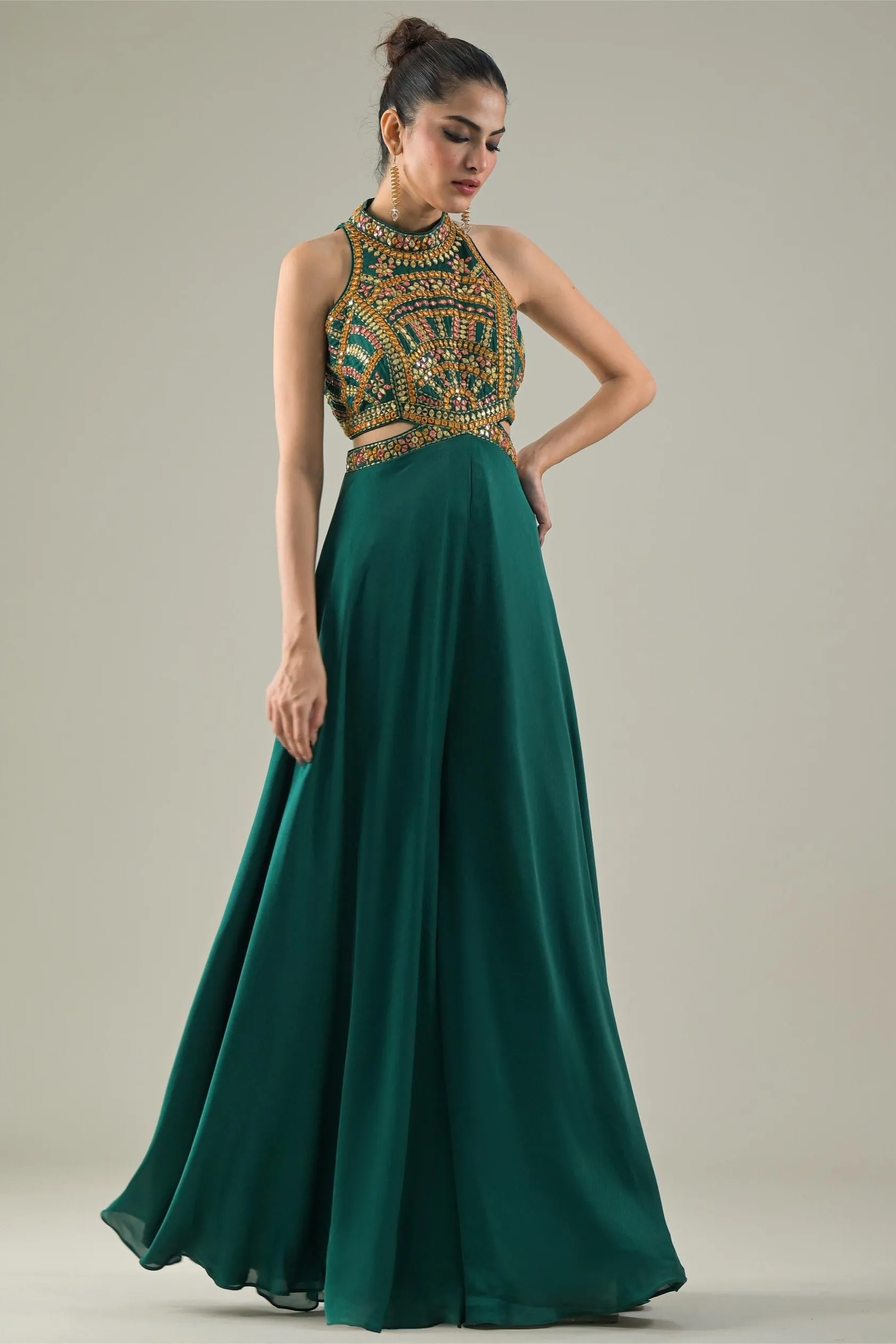 Deep Green Embroidered Chinon Satin Silk Jumpsuit