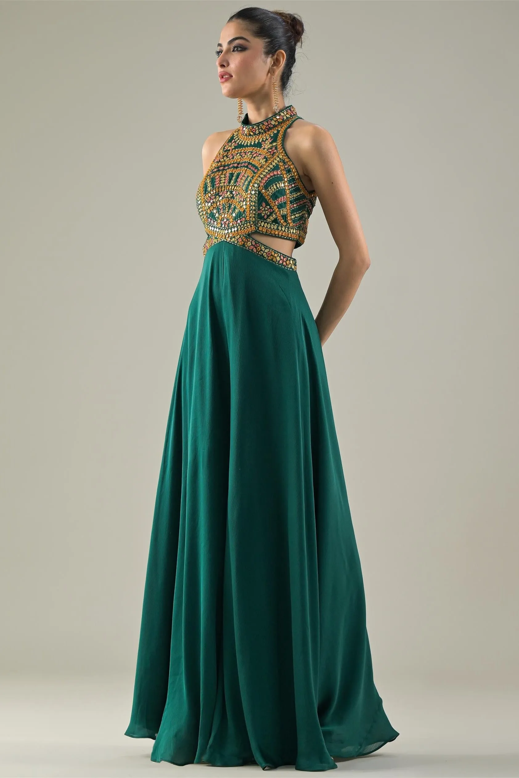 Deep Green Embroidered Chinon Satin Silk Jumpsuit