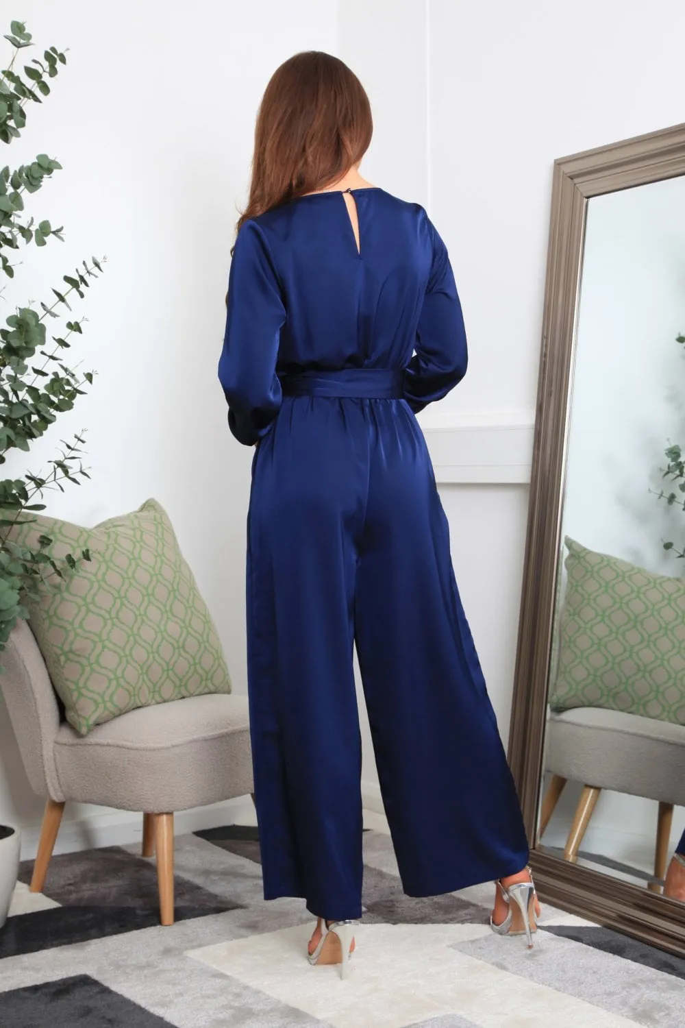 Double Second Navy Lux Satin Wrap Jumpsuit