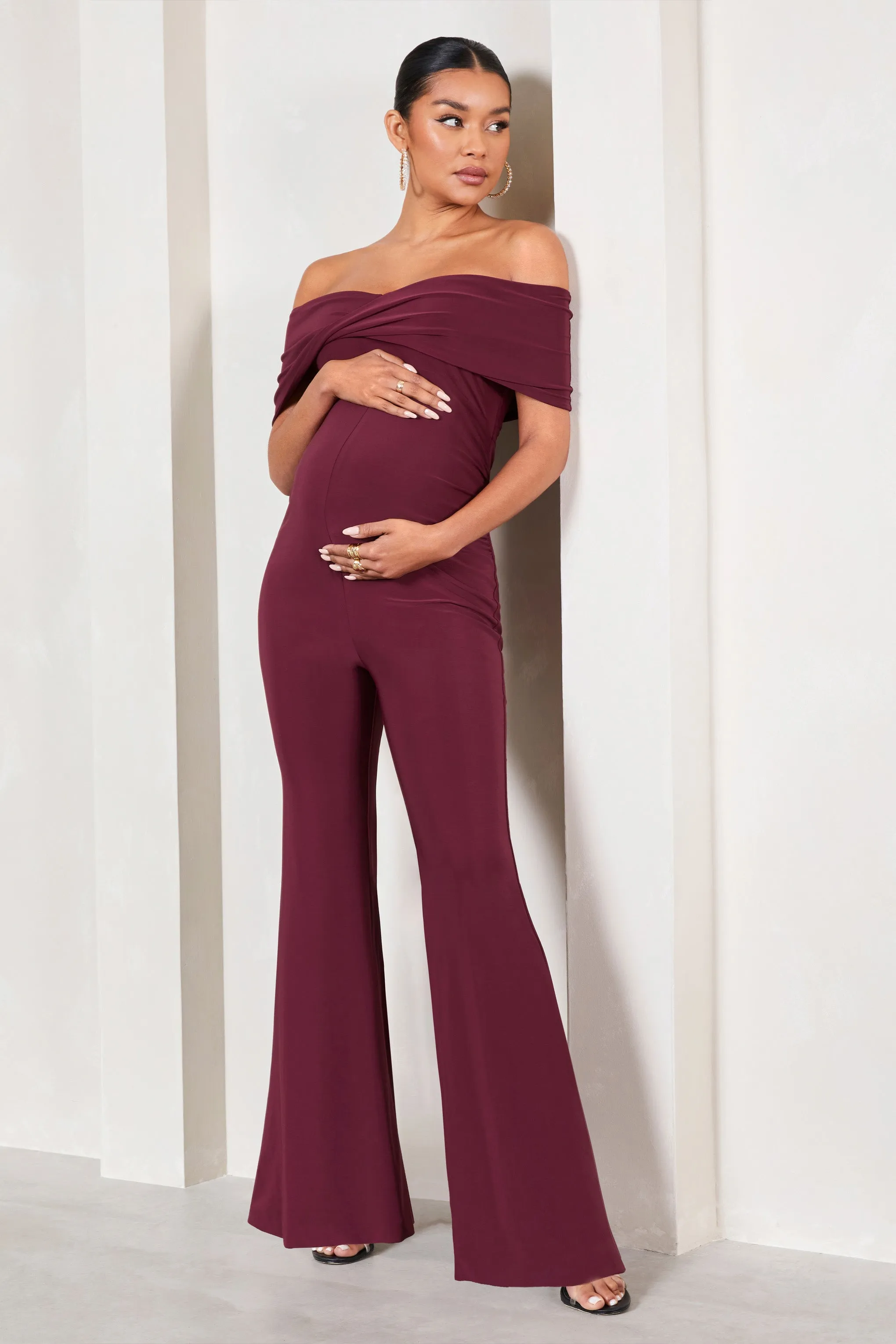 Elisa | Burgundy Bardot Flared-Leg Maternity Jumpsuit