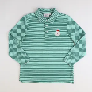 Embroidered Santa Face Long Sleeve Polo - Christmas Green Stripe Knit