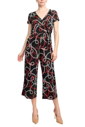 Emma & Michele V-Neck Short Sleeve Tie Waist Elastic Waist Multi Print ITY Jumpsuit