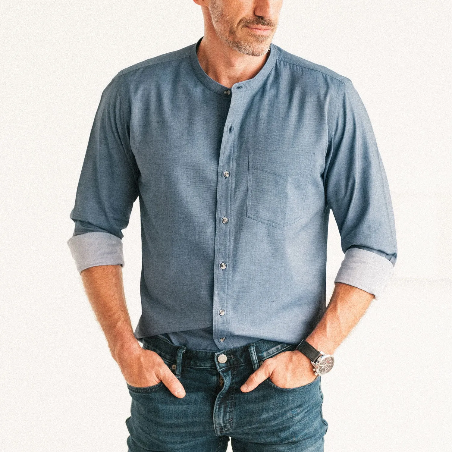 Essential Band Collar 1 Pocket Button Down Shirt - Navy Cotton Twill