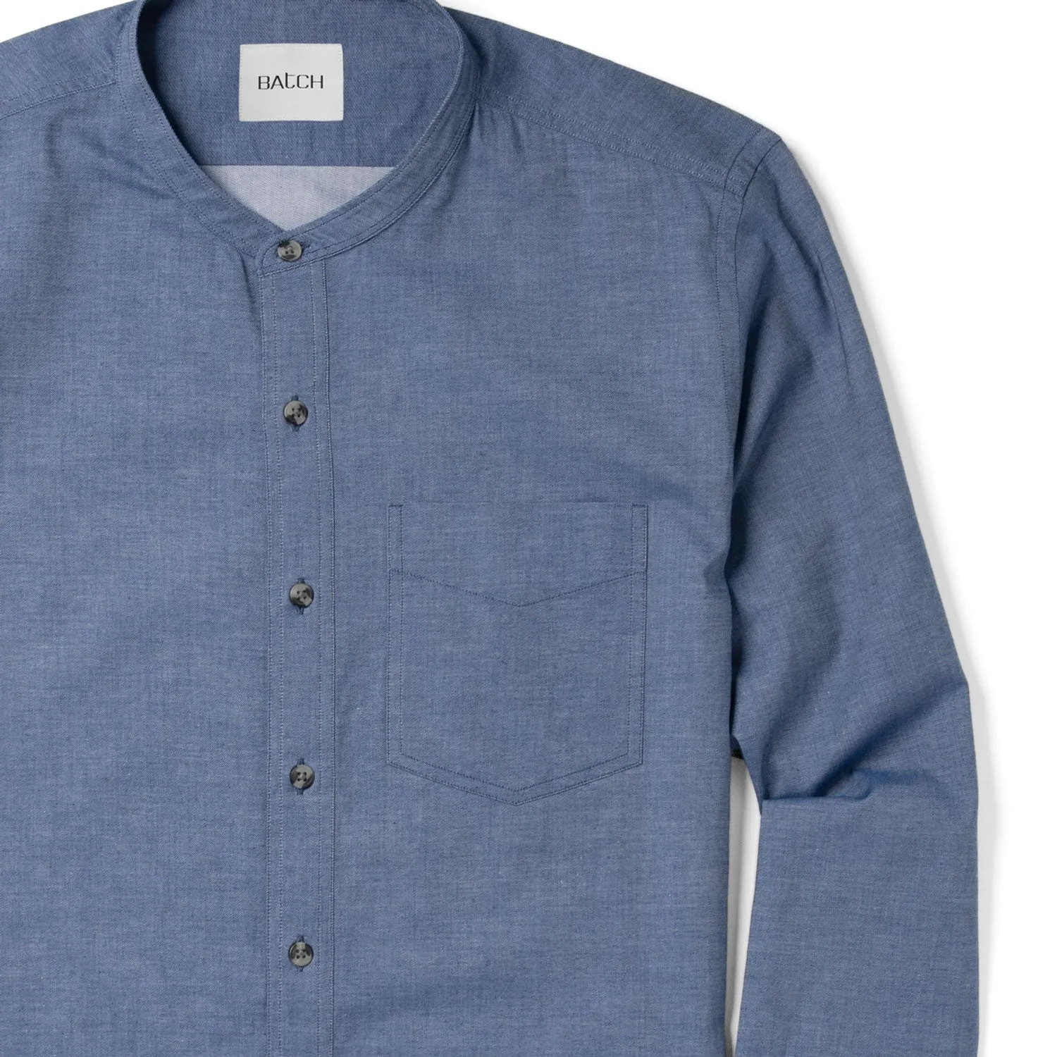 Essential Band Collar 1 Pocket Button Down Shirt - Navy Cotton Twill