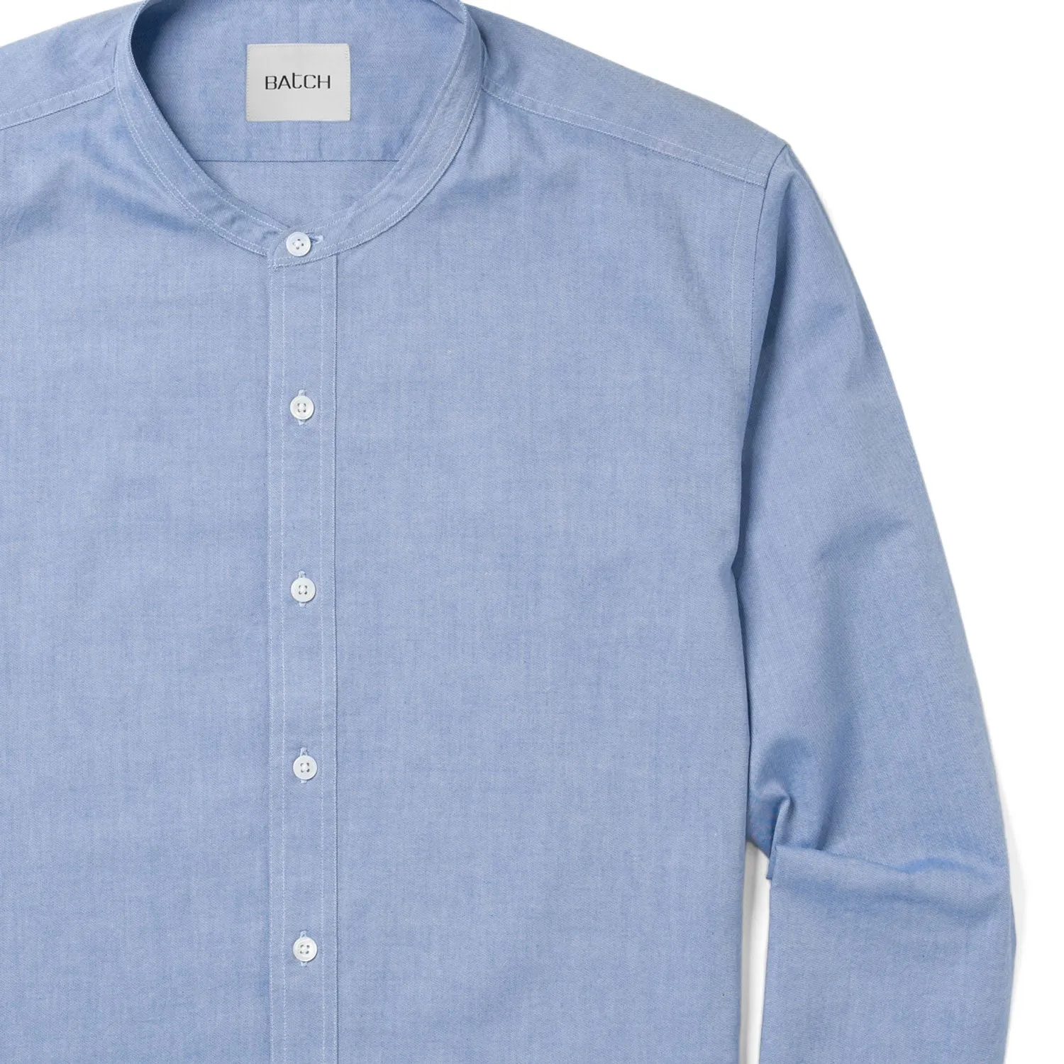 Essential Band Collar Button Down Shirt - Classic Blue Cotton Oxford