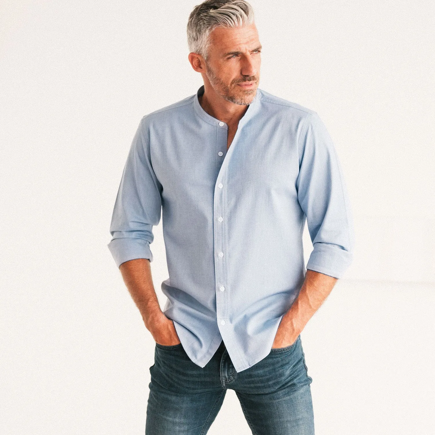 Essential Band Collar Button Down Shirt - Classic Blue Cotton Oxford