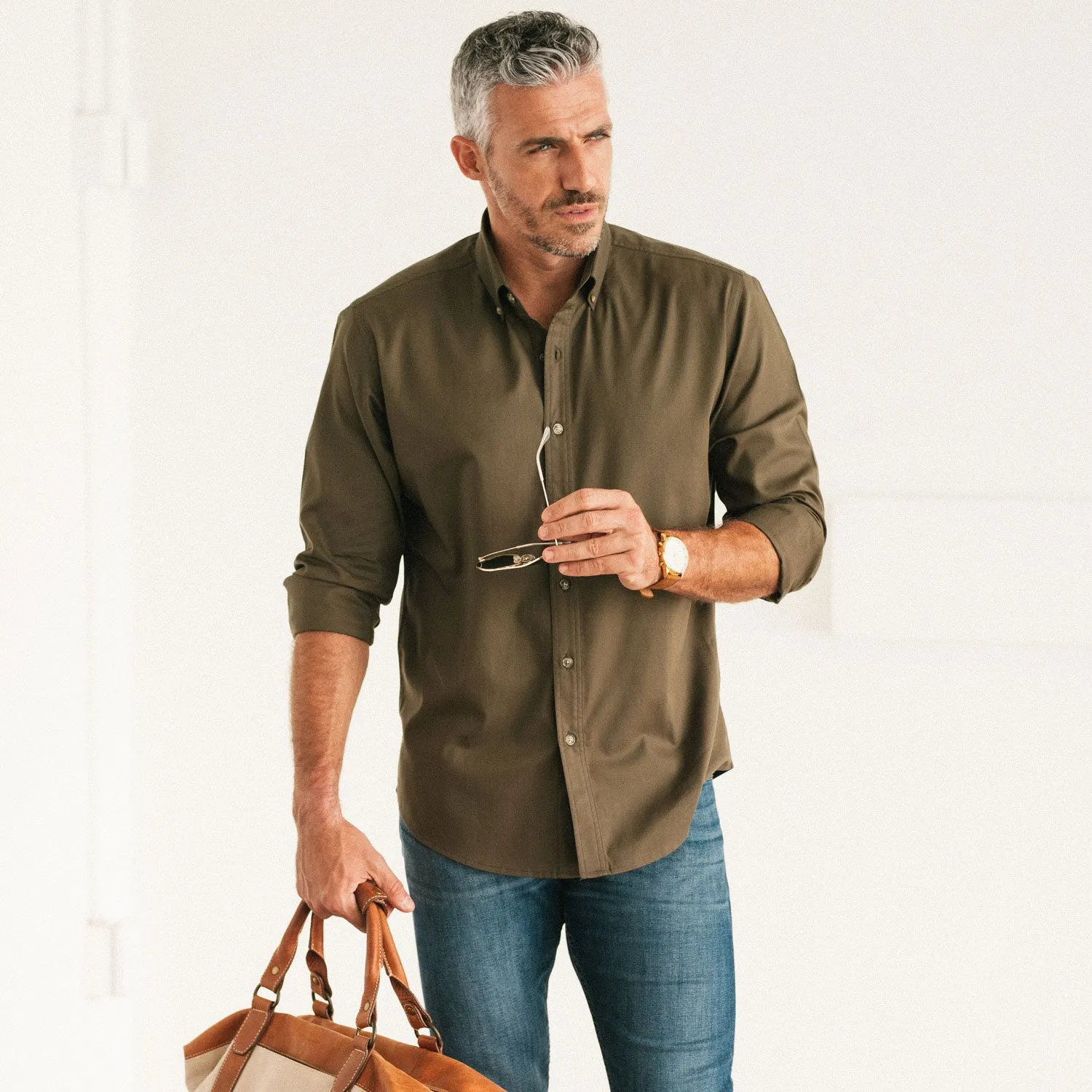 Essential Button Down Collar Casual Shirt - Olive Green Cotton Twill