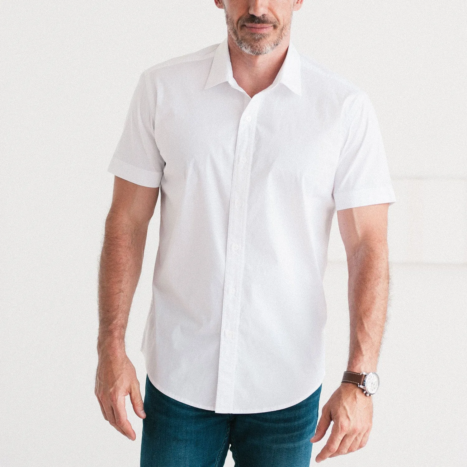 Essential Spread Collar Casual Short Sleeve Shirt - Pure White Stretch Cotton Poplin