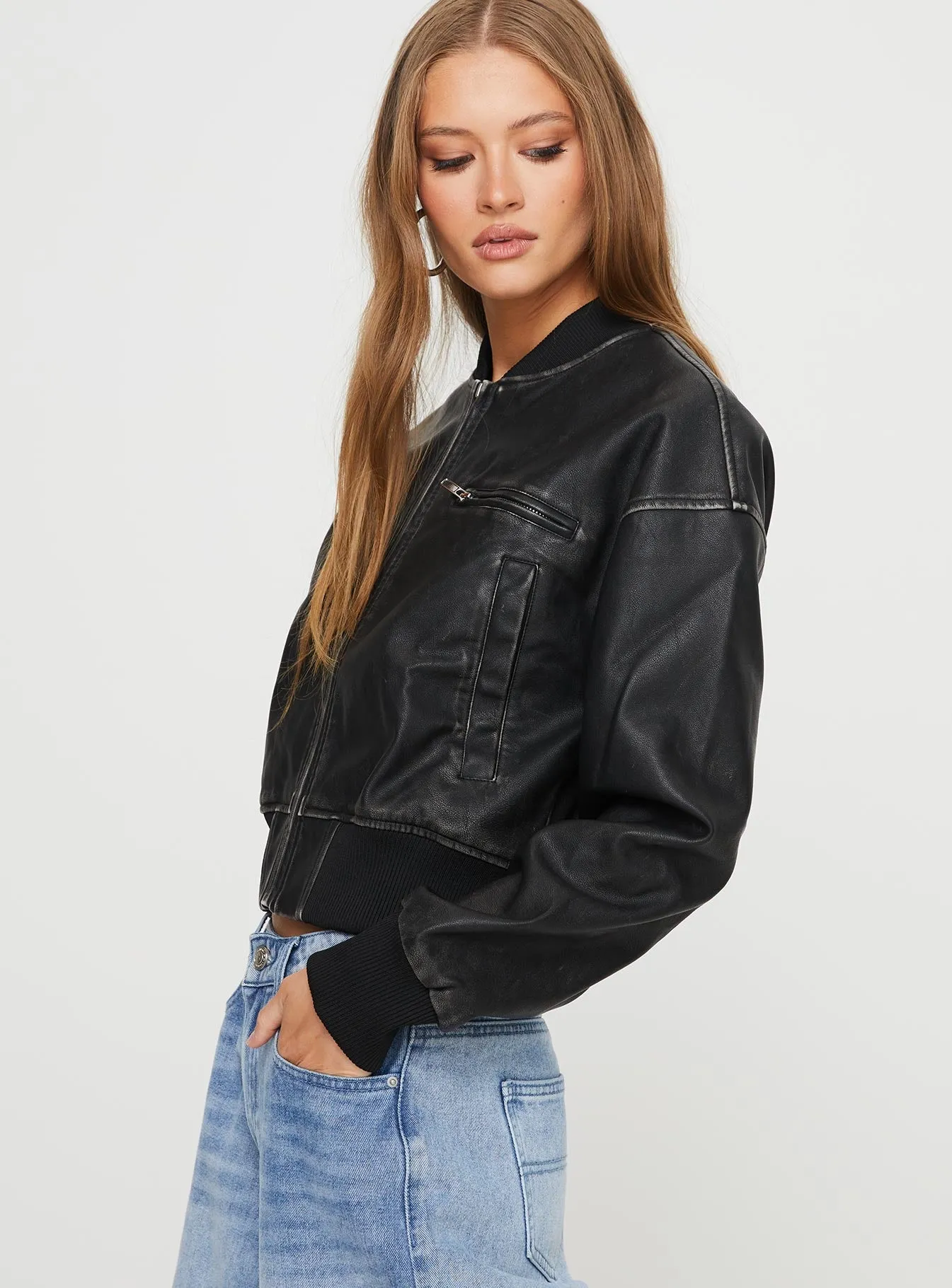 Fashionkova Sweet Disaster Faux Leather Cropped Bomber Jacket Black