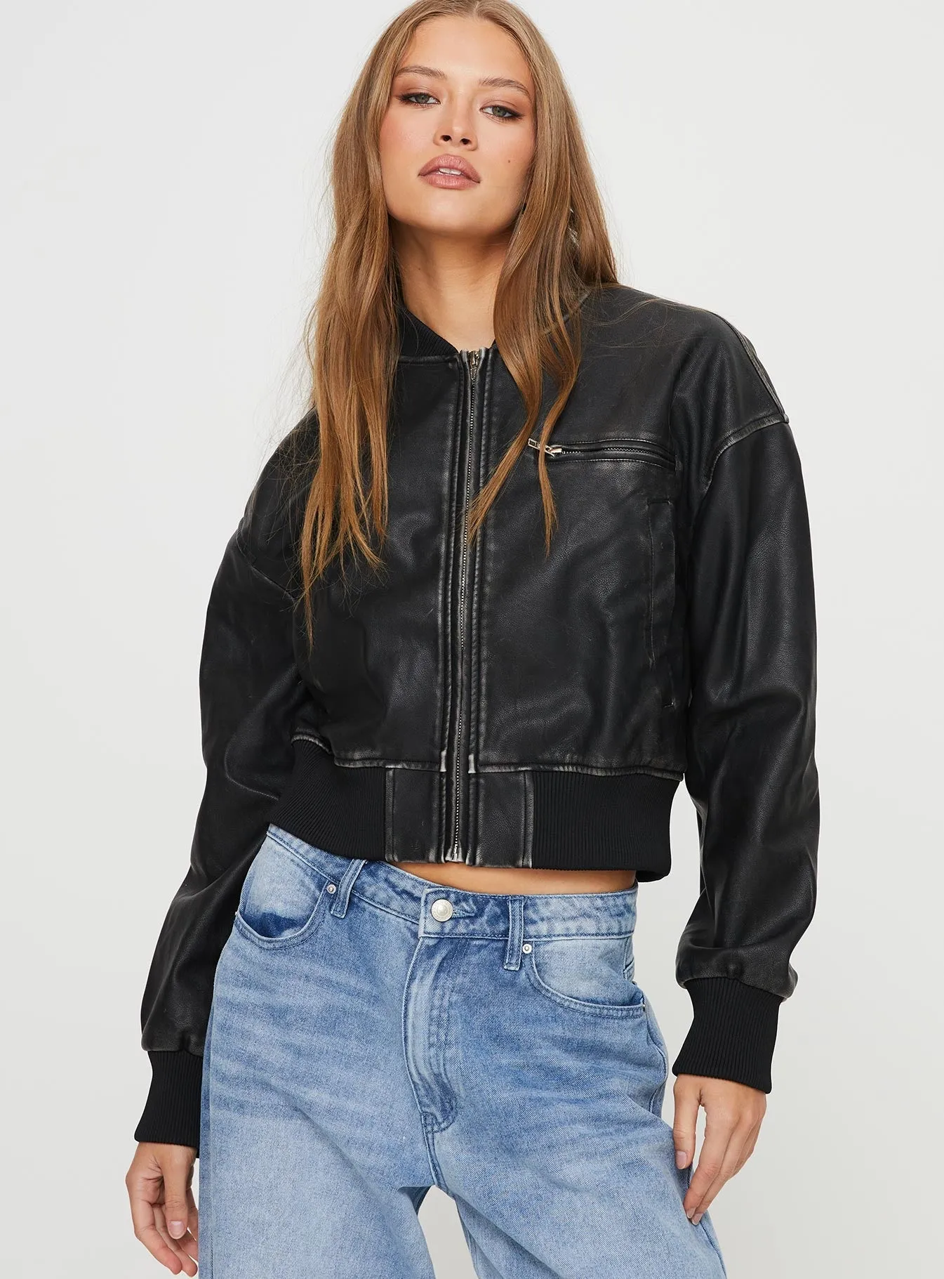 Fashionkova Sweet Disaster Faux Leather Cropped Bomber Jacket Black