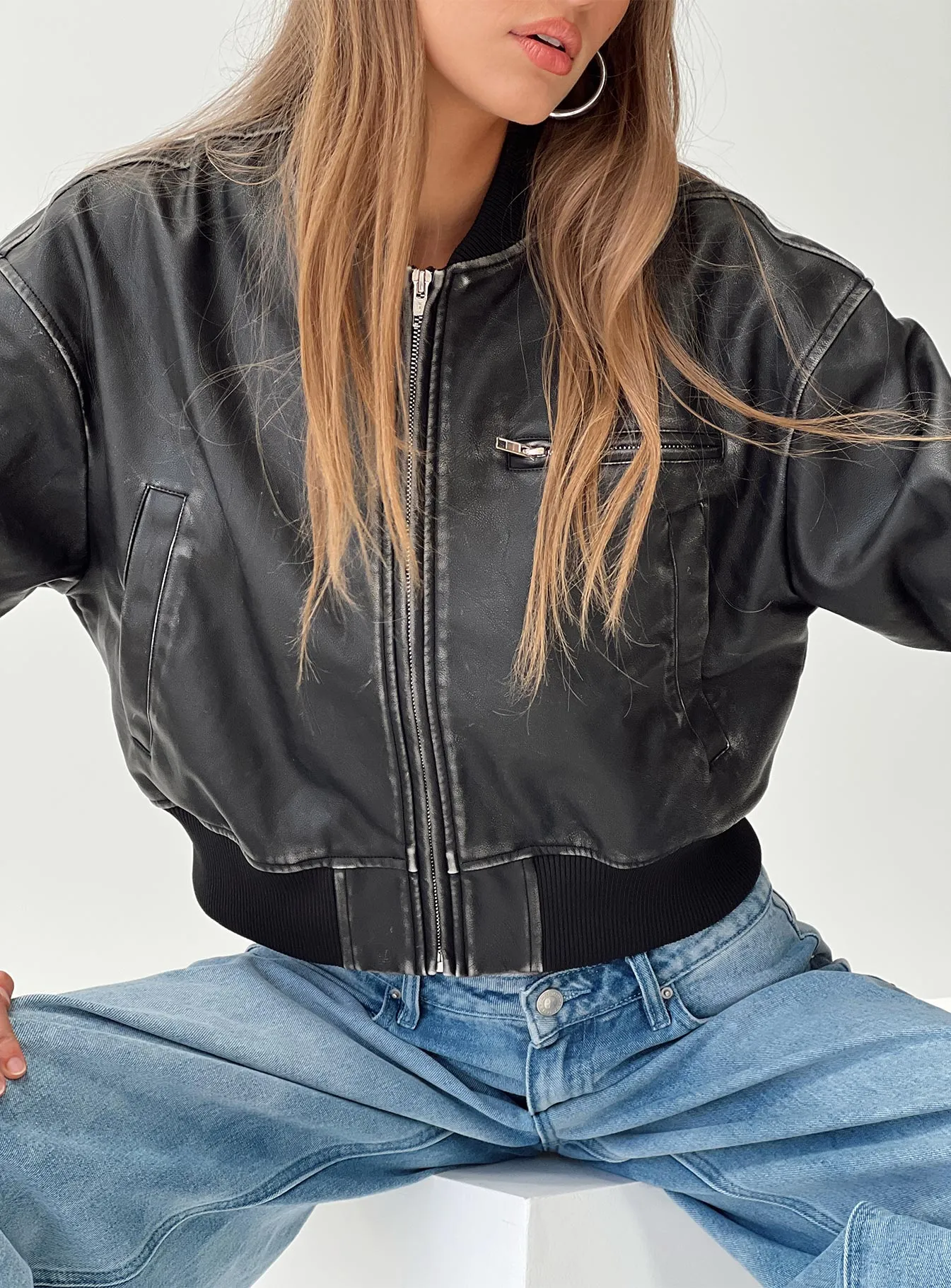 Fashionkova Sweet Disaster Faux Leather Cropped Bomber Jacket Black