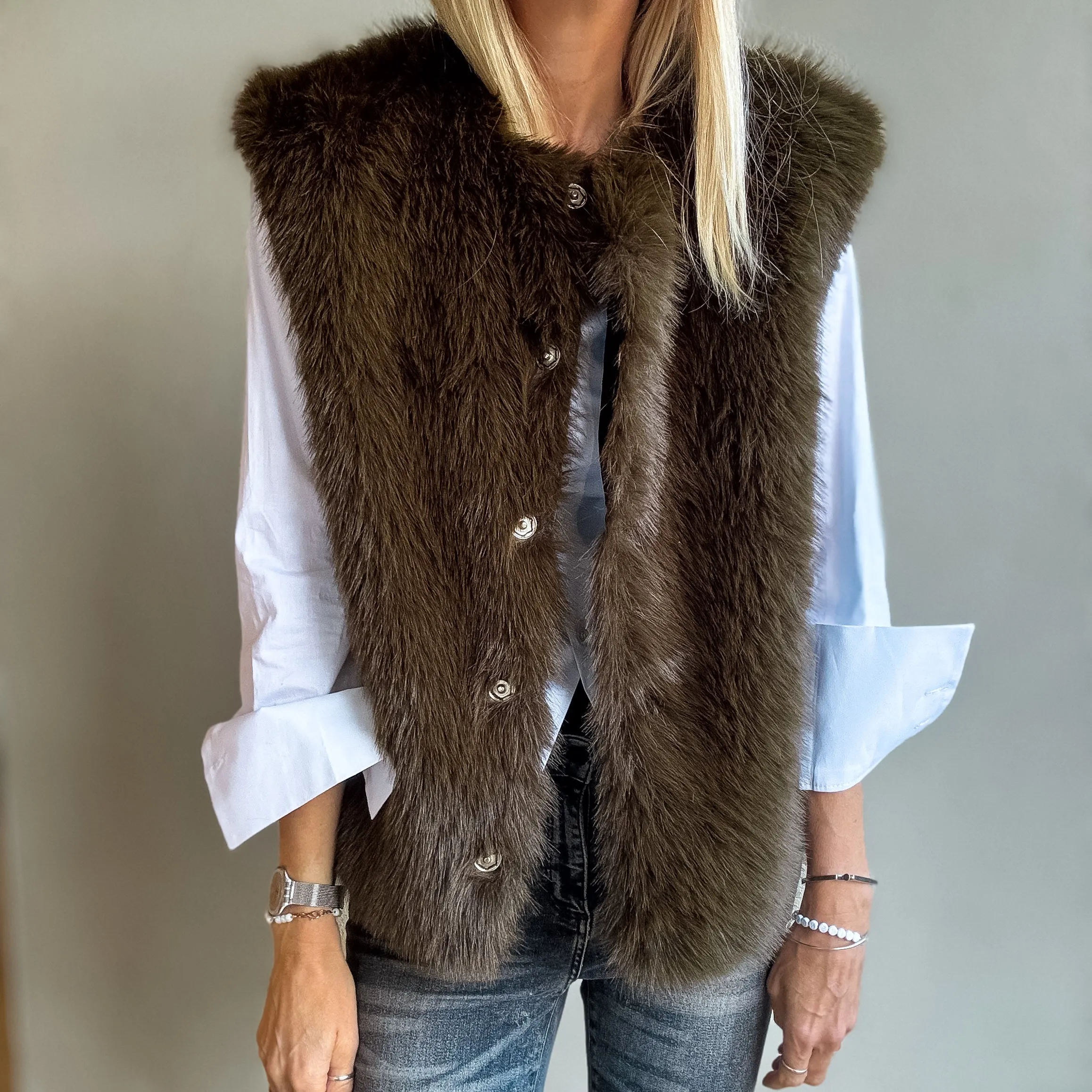 Faux fur DARK KHAKI/BROWN gilet *NEW*