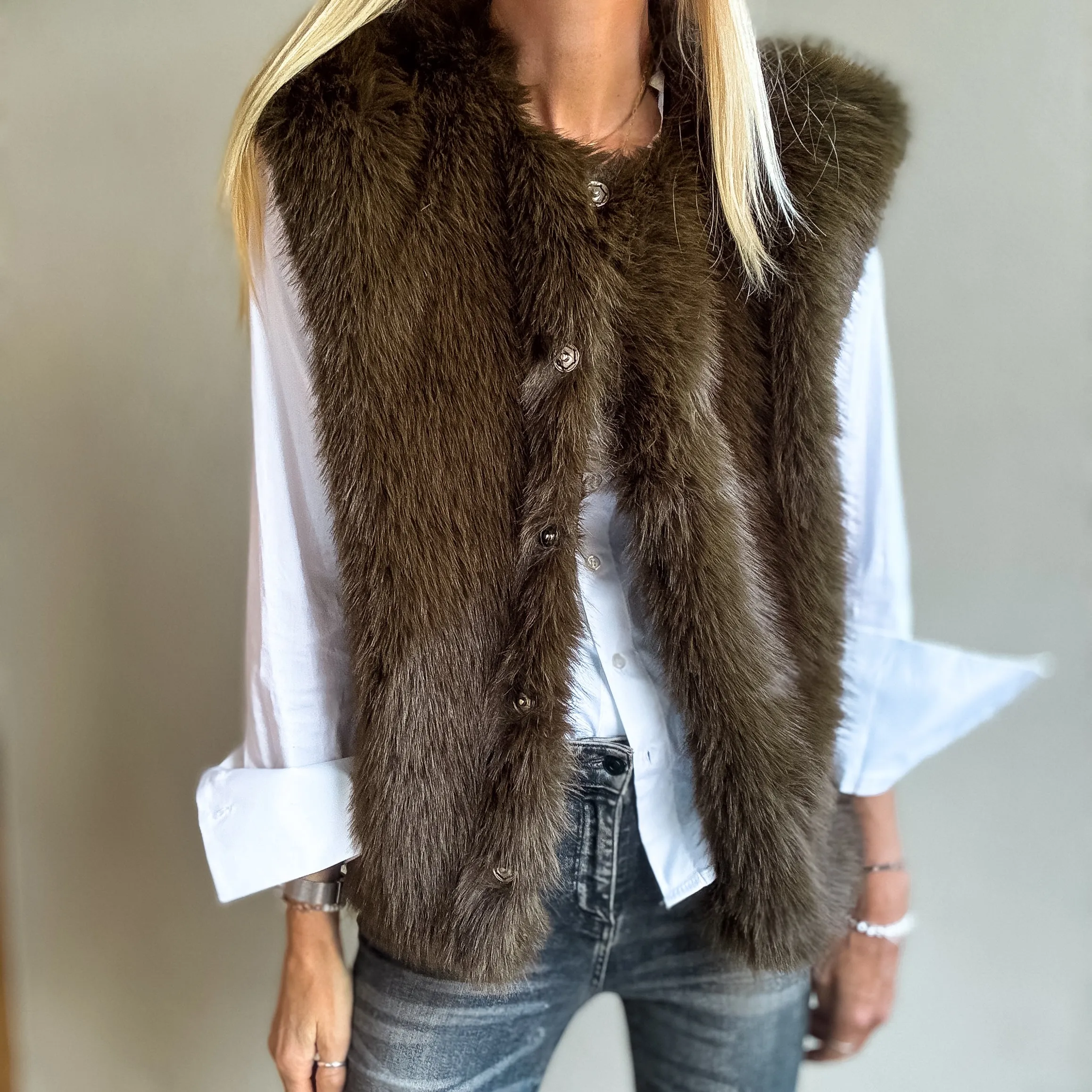 Faux fur DARK KHAKI/BROWN gilet *NEW*