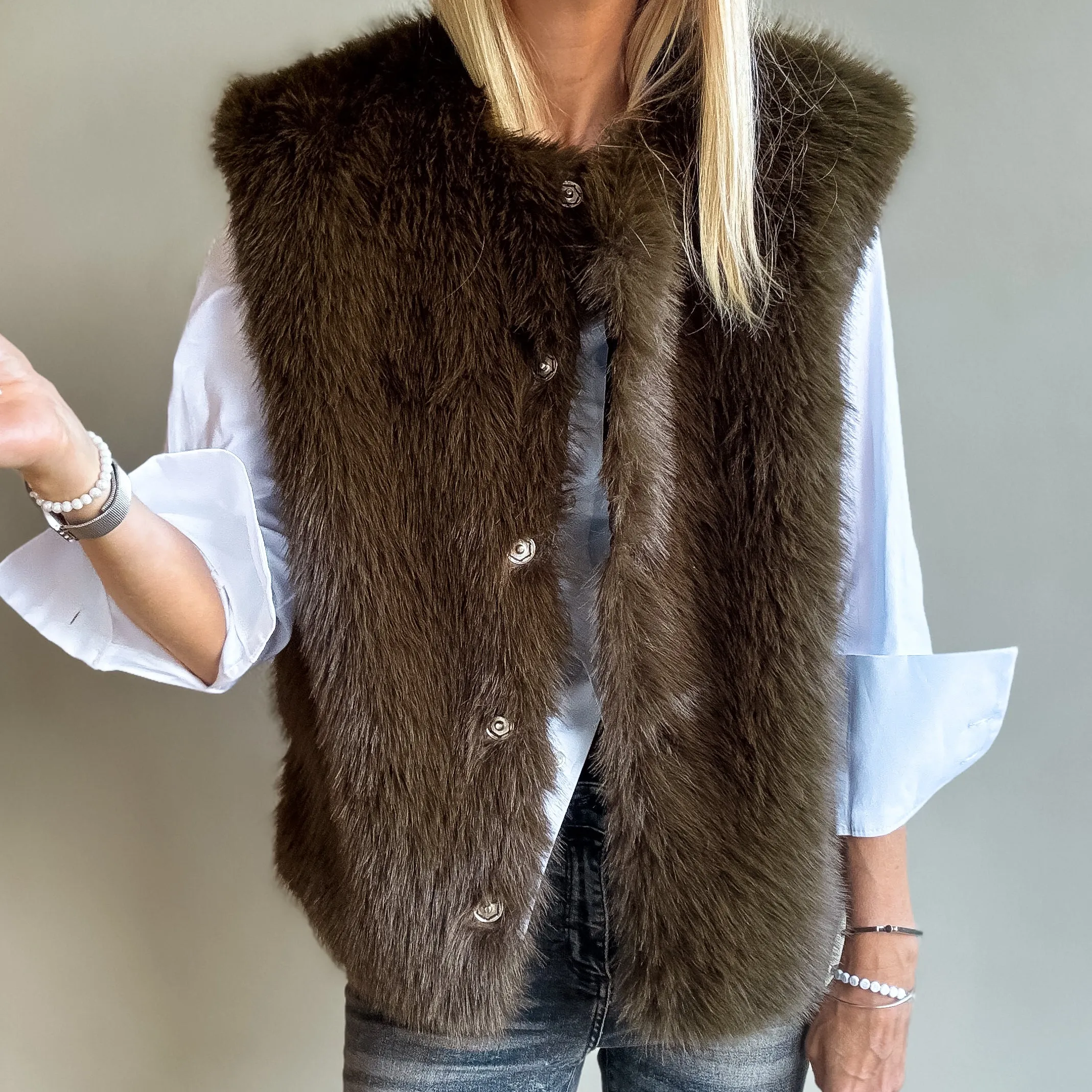 Faux fur DARK KHAKI/BROWN gilet *NEW*