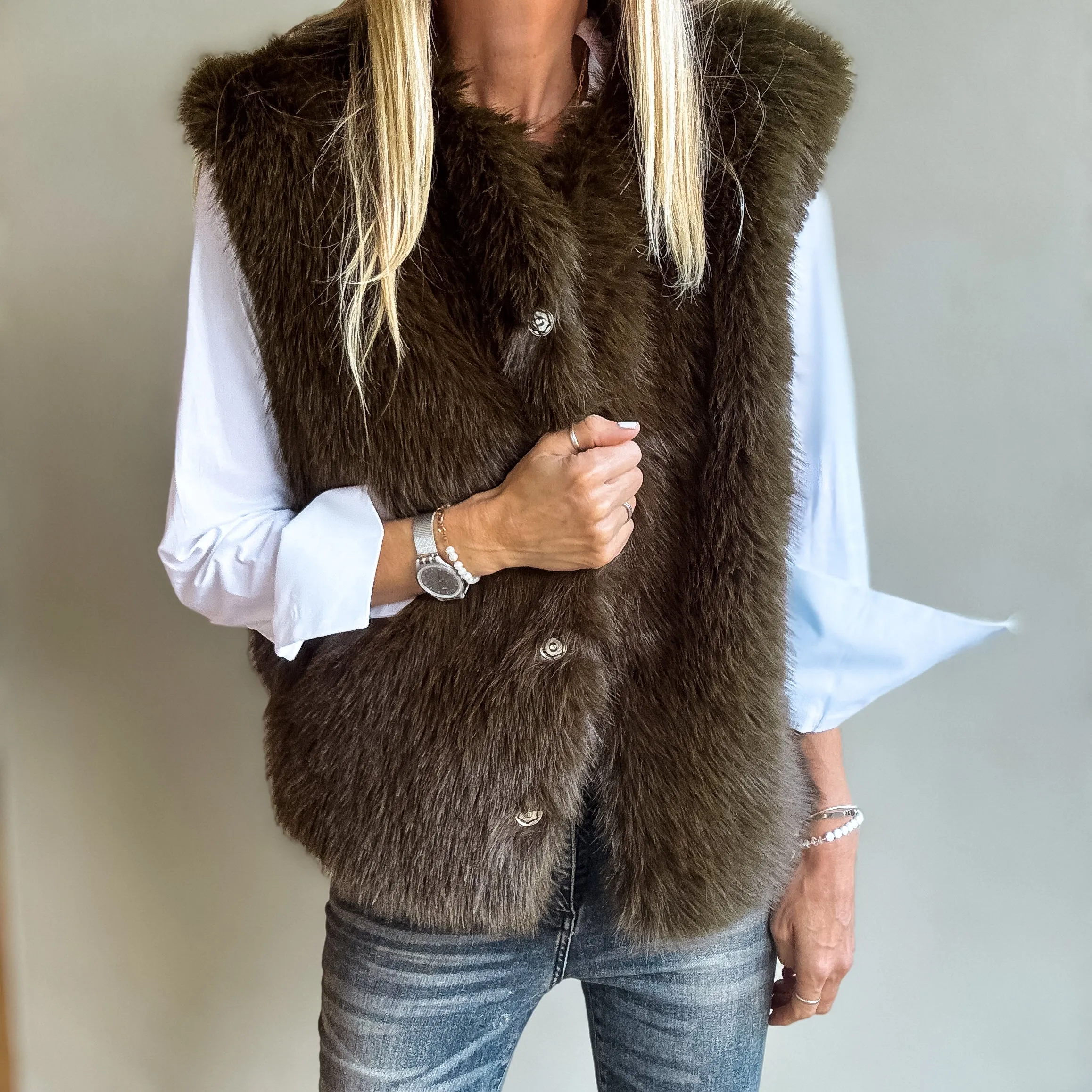 Faux fur DARK KHAKI/BROWN gilet *NEW*