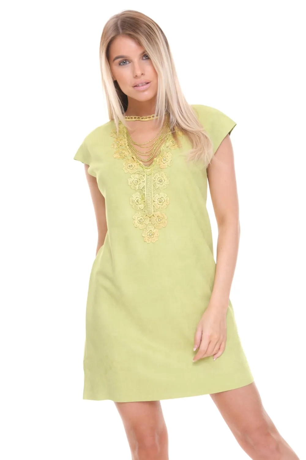 Faux Suede A- Line Swing  60's Style Capped Beaded Neck Sleeve Dress