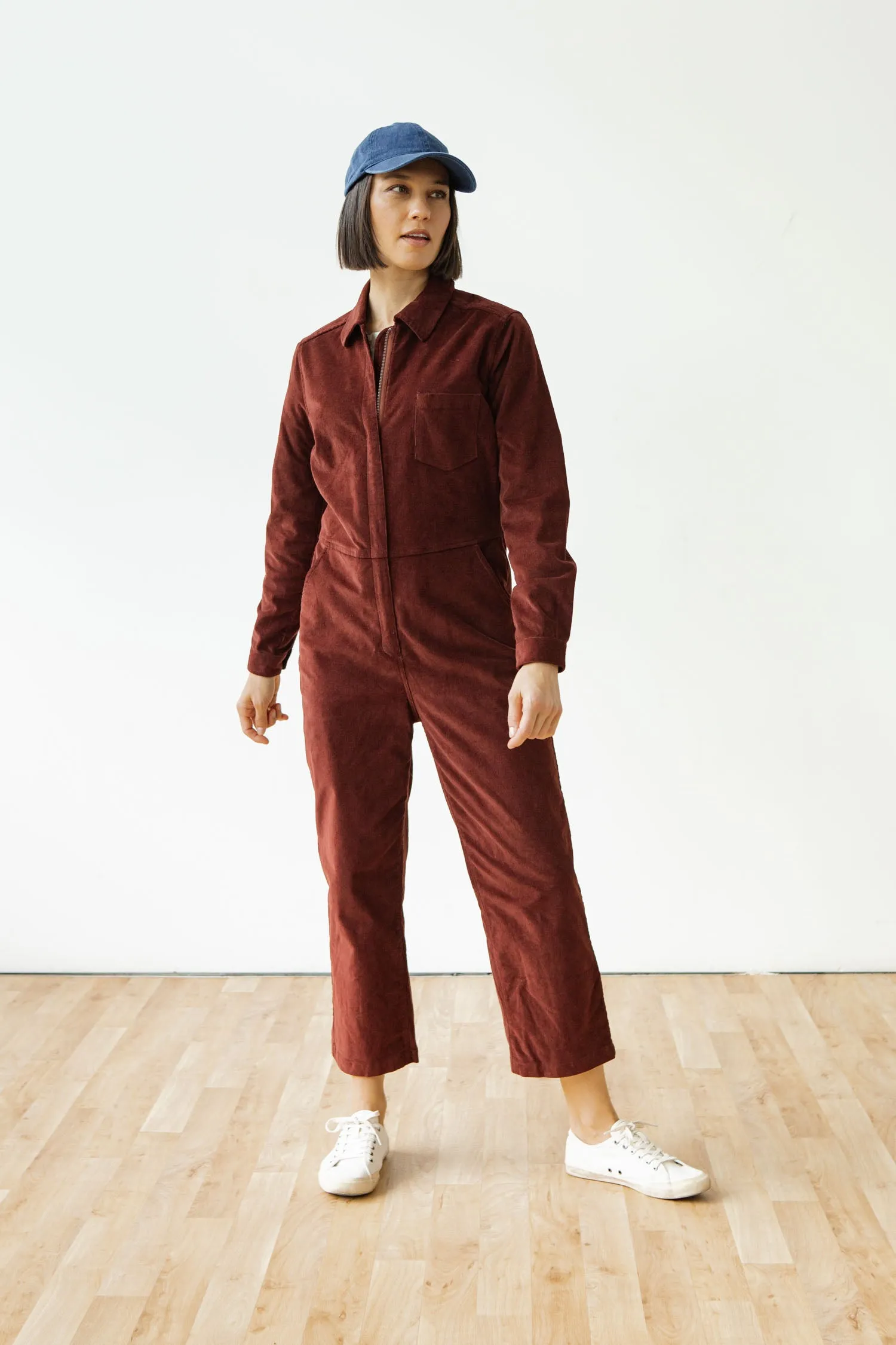 Faye Jumpsuit / Dark Red Pinwale