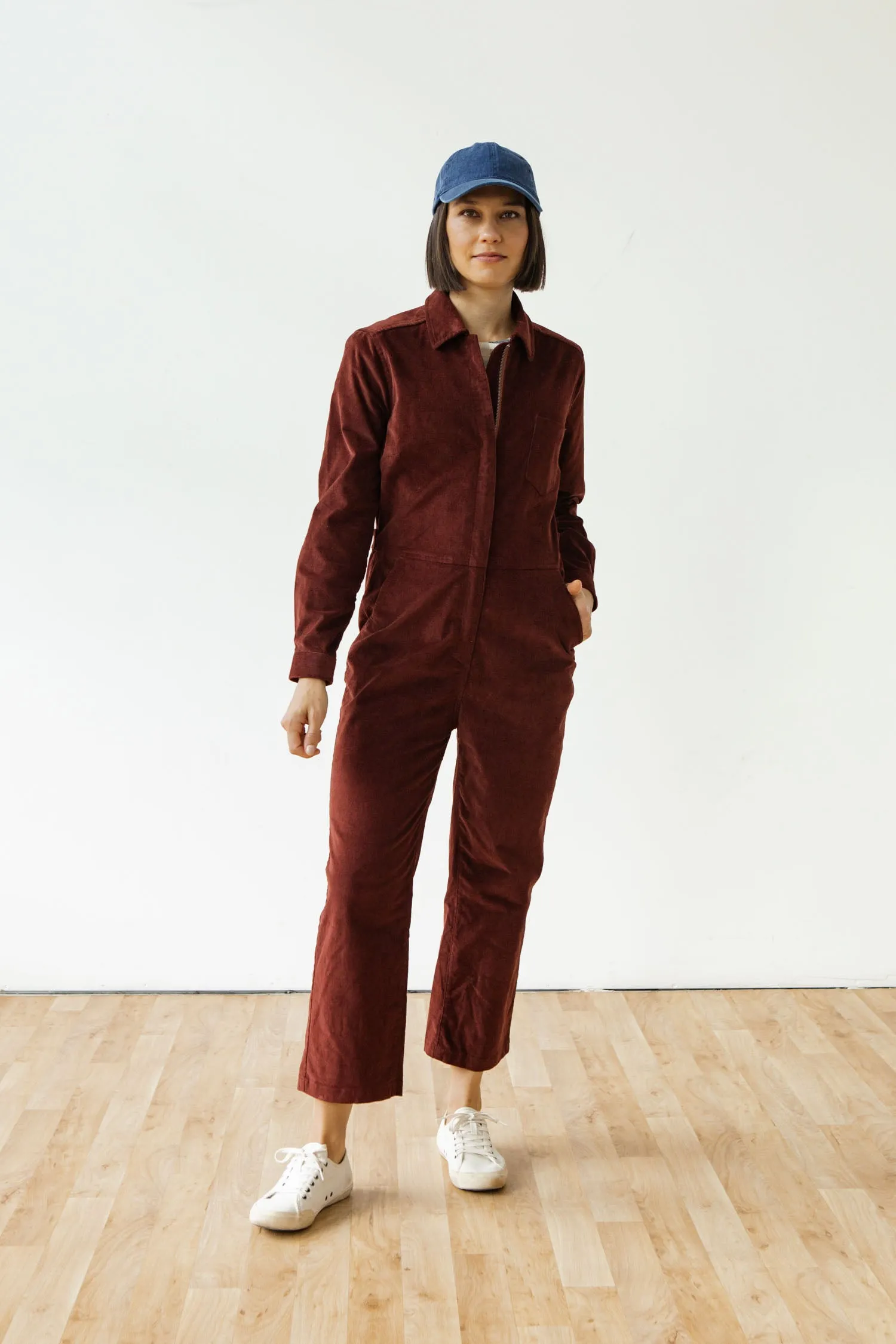 Faye Jumpsuit / Dark Red Pinwale