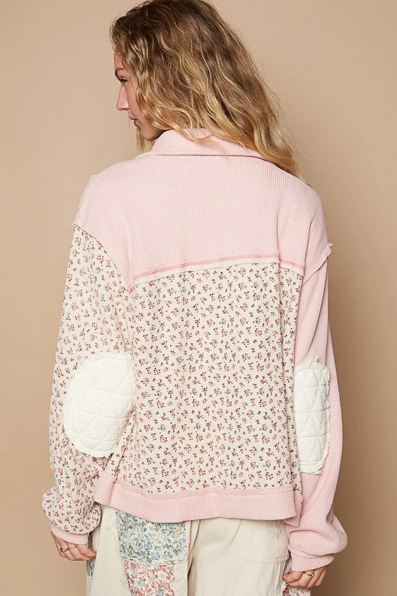 Floral Exposed Seam Button Up Quilted Jacket