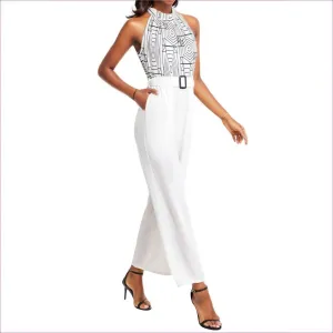 Geode White Halter Neck Buckle Belted Jumpsuit